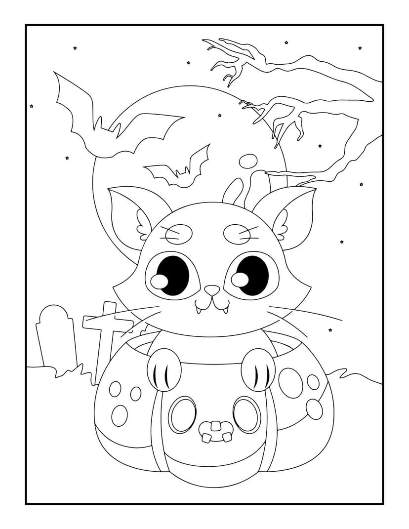 Halloween cat pumpkin coloring page featuring a kitten in a jack-o-lantern with bats and a moonlit graveyard.