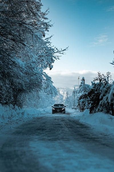 Car driving on snowy road lined with snow-covered trees