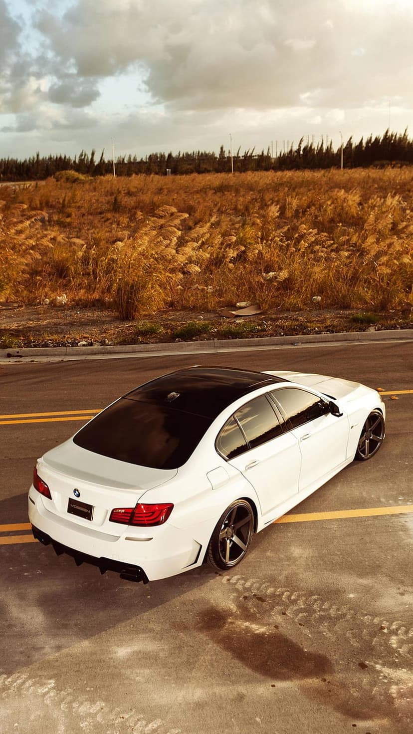 White BMW sedan with a black roof and dark rims parked on a rural paved road beside a tall golden grass field.