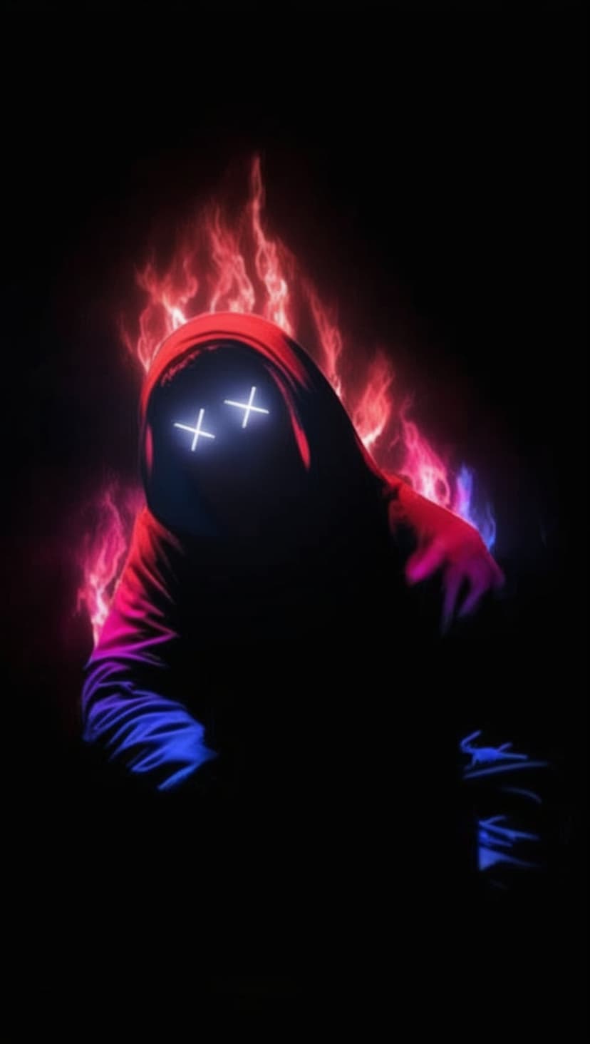 Hooded silhouette with glowing white X eyes is surrounded by swirling red and blue flames on a black background.