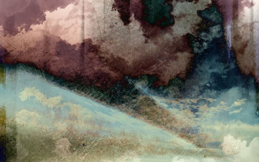 Weathered burgundy and teal clouds form a dramatic diagonal pattern with soft pink and yellow light accents.
