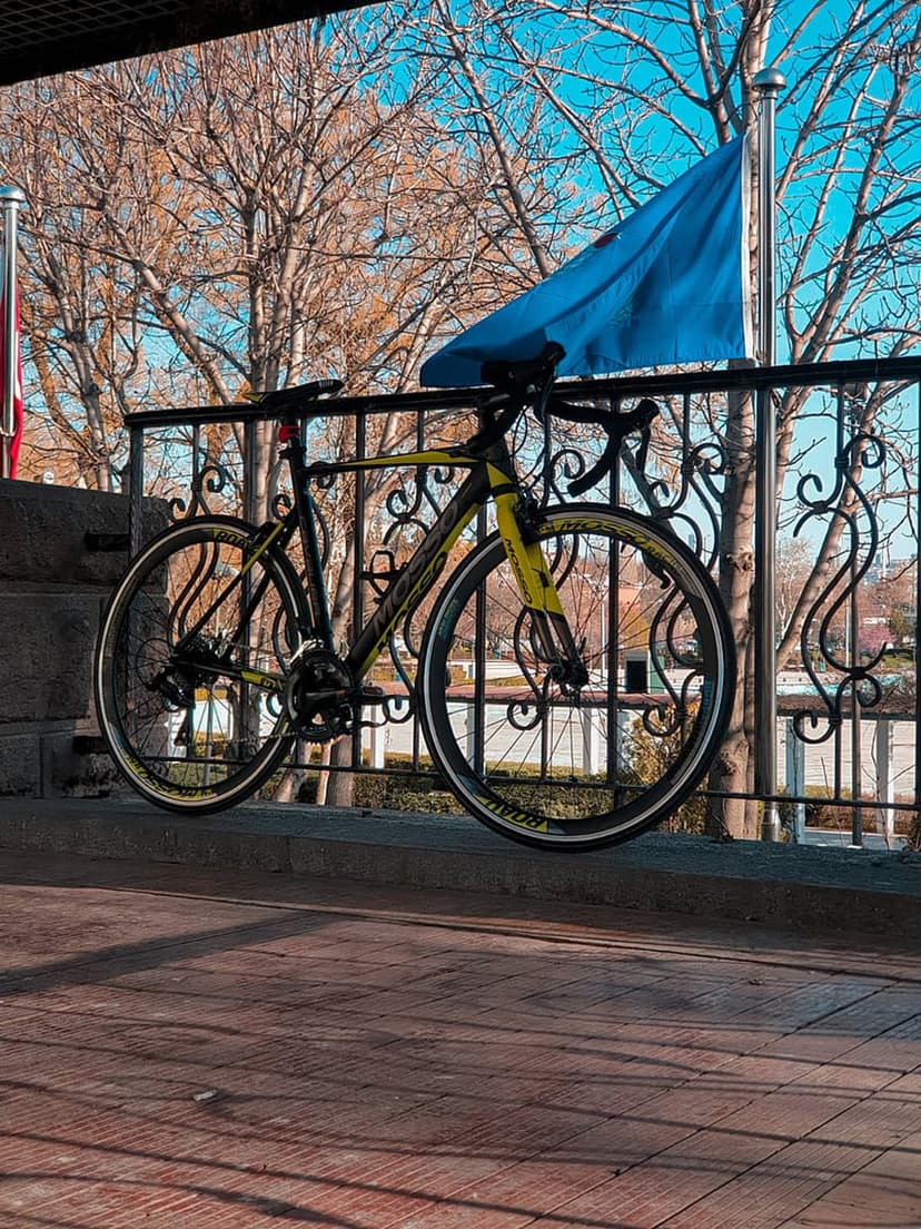 Yellow road bike leaning on a black wrought-iron railing with a blue flag and green trees under a clear sky.