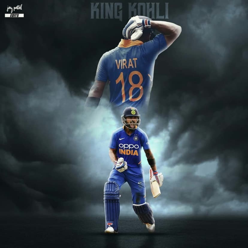 Virat Kohli in batting gear against dark clouds with a larger faded silhouette and number eighteen jersey.