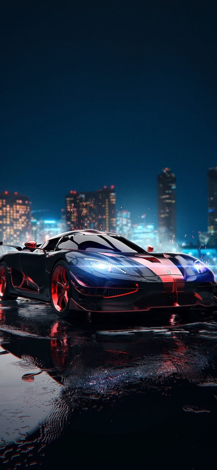 Futuristic sports car with red and blue accents parked on a wet street with city reflections and glowing lights.