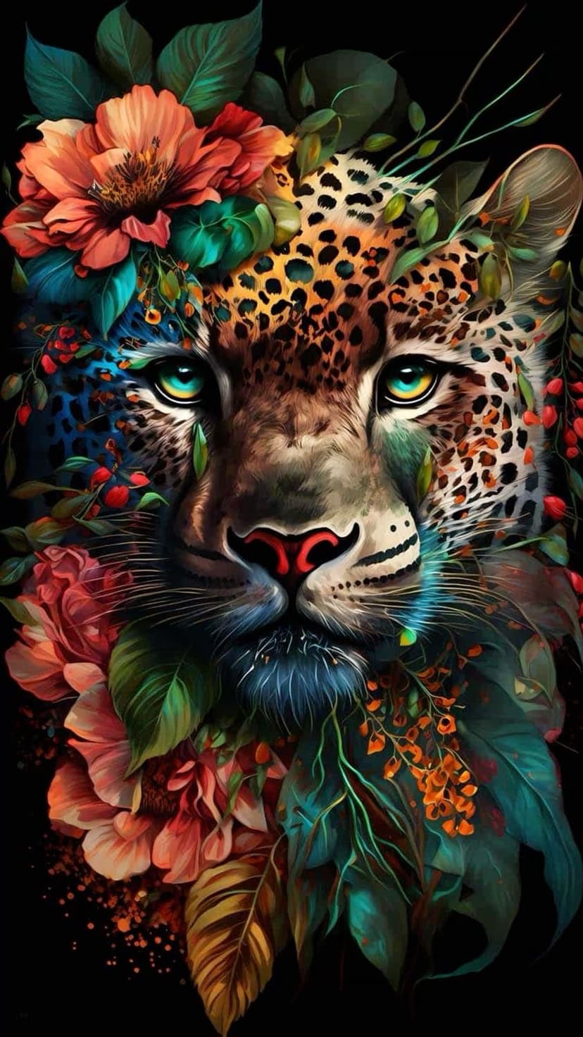Leopard with golden eyes hidden behind oversized coral and teal tropical flowers in a lush jungle setting.