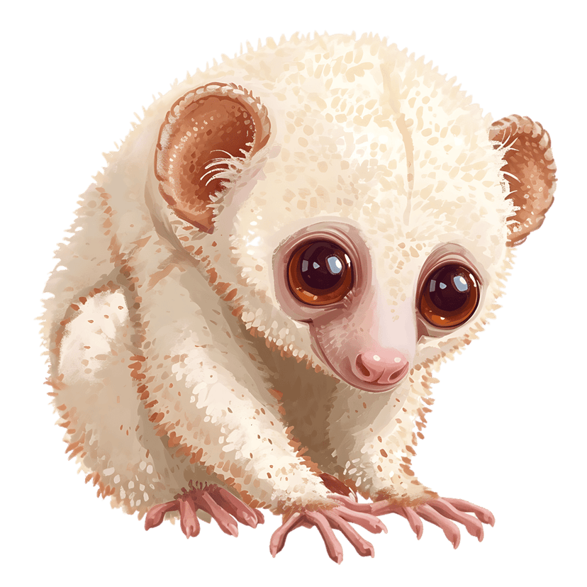 Albino lemur with large brown eyes and white fur faces forward in a detailed digital portrait illustration.