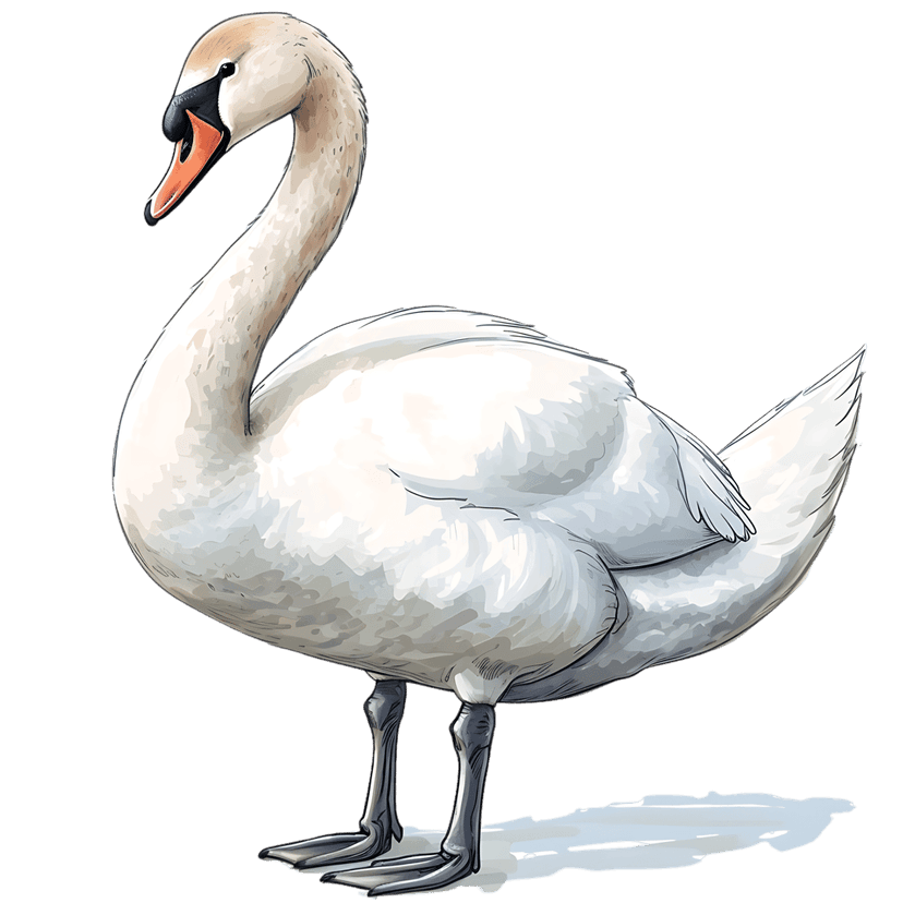 White swan digital illustration standing in profile with a curved neck and orange beak against a black background.