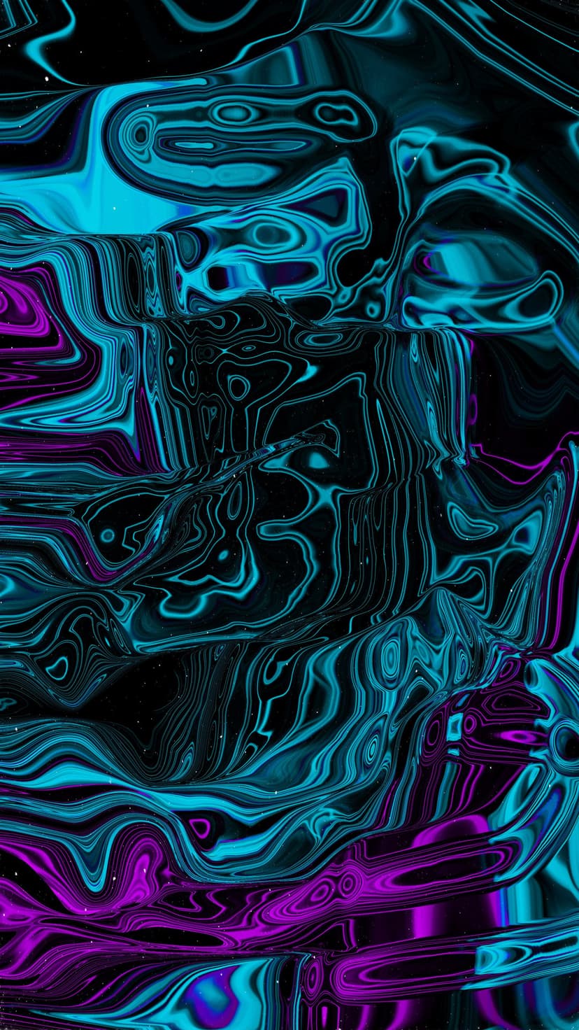 Luminous teal and purple fluid patterns swirl together against a solid black background in a vertical layout.