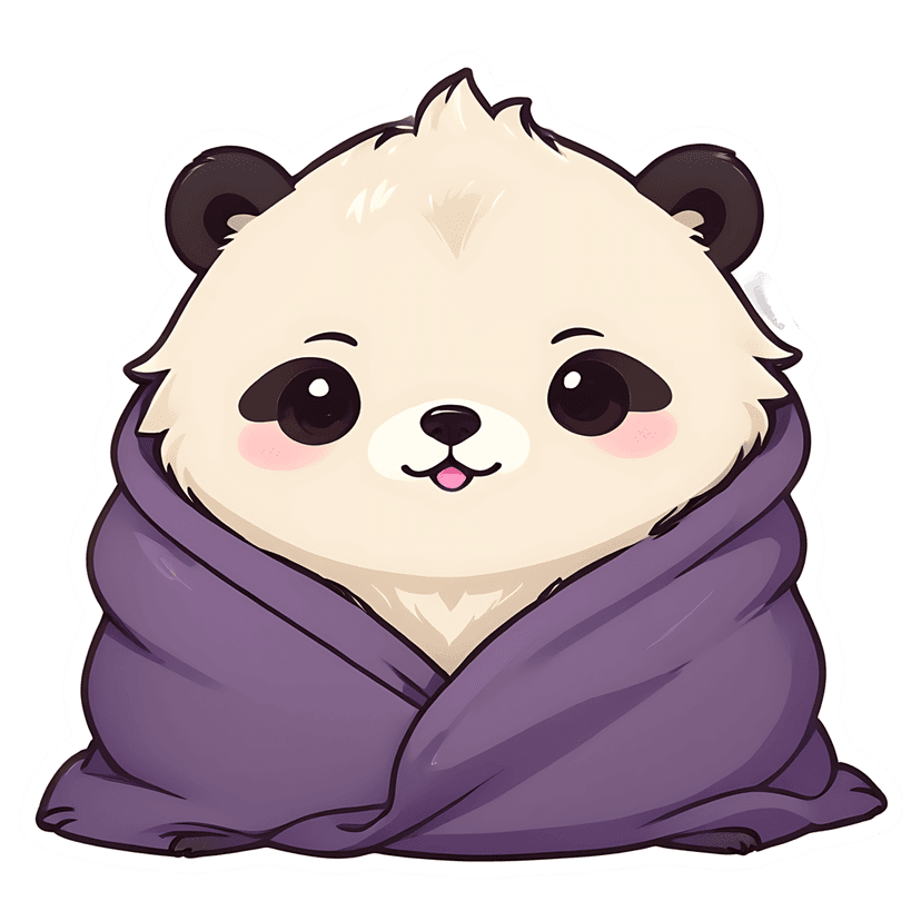Panda bear vector sticker wearing a purple blanket with cream fur and pink cheeks in a front-facing pose.
