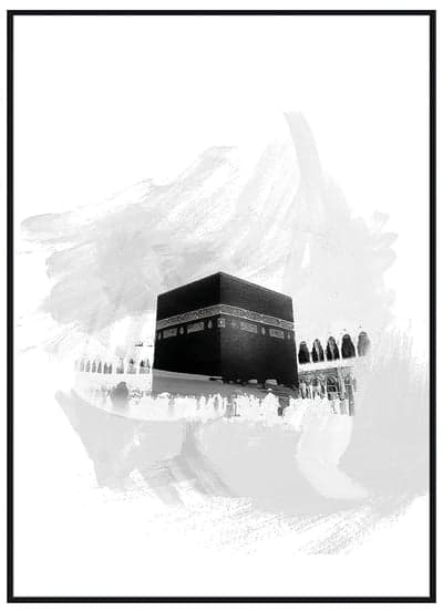 Monochromatic artwork of Kaaba with abstract brush strokes