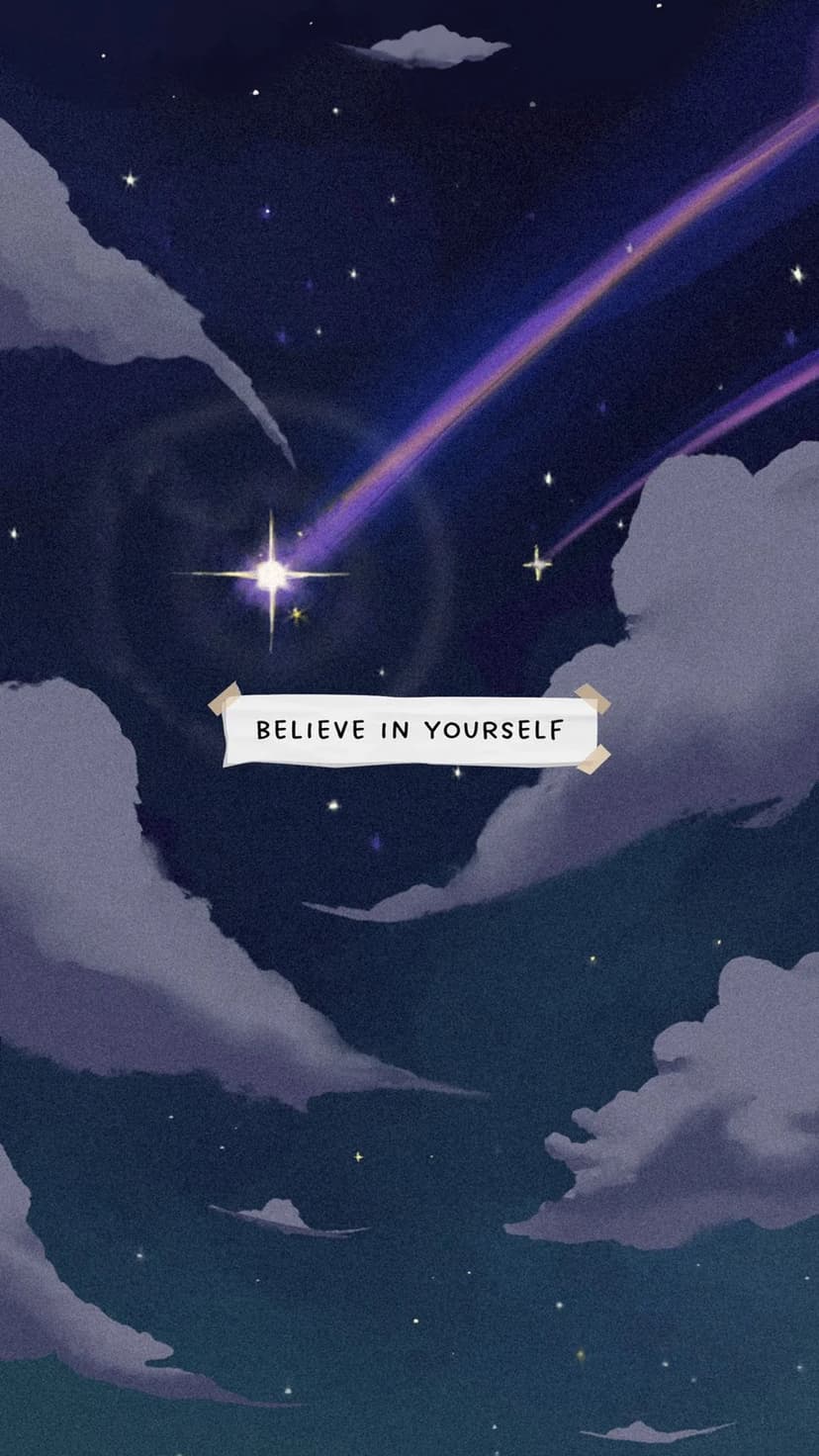 Purple shooting star streaks across a dark night sky with soft clouds and a banner saying believe in yourself.