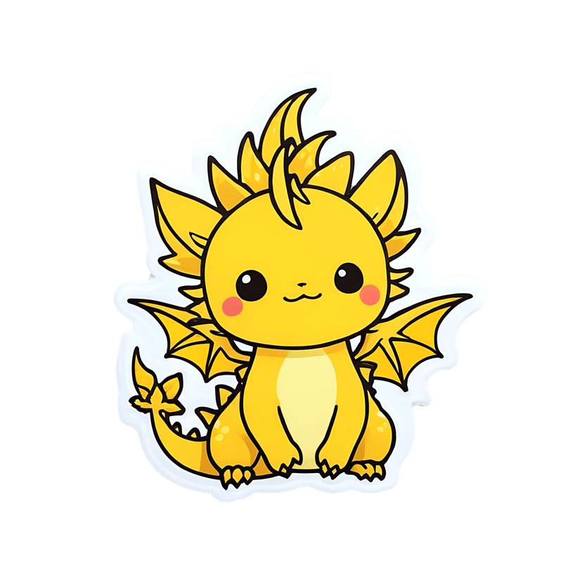 Yellow dragon sticker with spiky crest and pink cheeks features a glossy finish and white die-cut border edge.