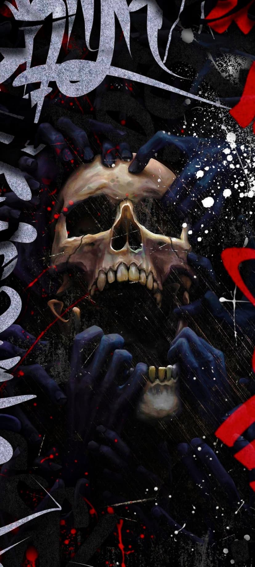Human skull being gripped by black shadowy hands with red and white graffiti paint splatters on a dark surface.