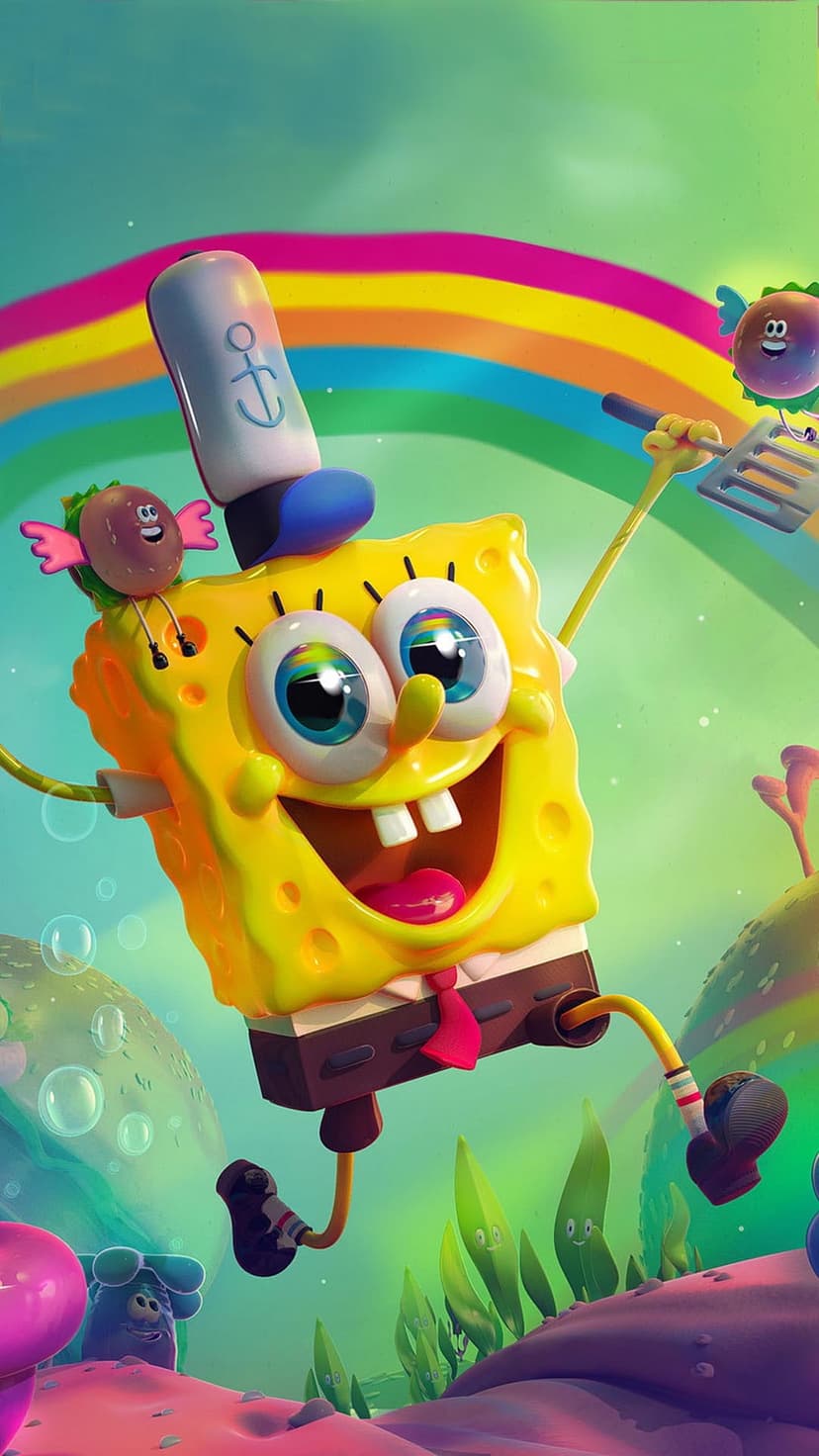 SpongeBob SquarePants runs joyfully under a colorful rainbow and turquoise water in a vibrant marine environment.