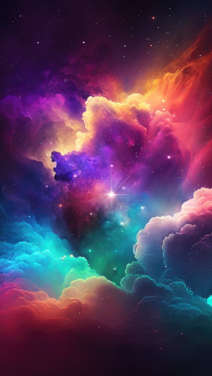 Radiant central star illuminating swirling purple, orange, and blue nebula clouds in a vertical cosmic expanse.
