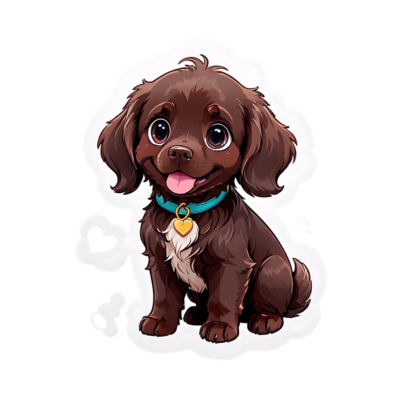 Brown puppy sticker illustration with teal collar and golden heart tag sitting in a front-facing pose.