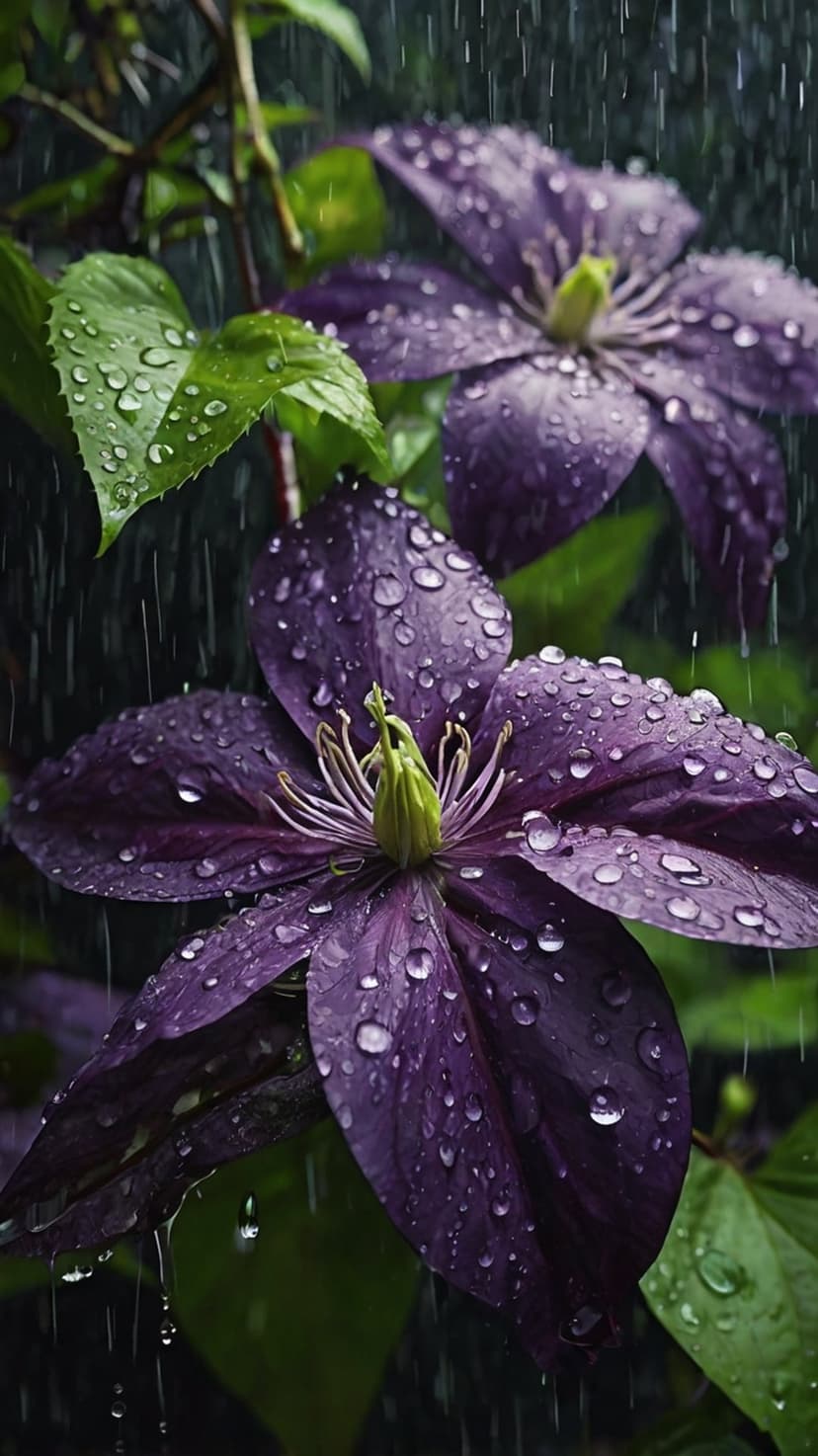 Purple clematis flower petals covered in clear water droplets against a blurred green leaf background in the rain.