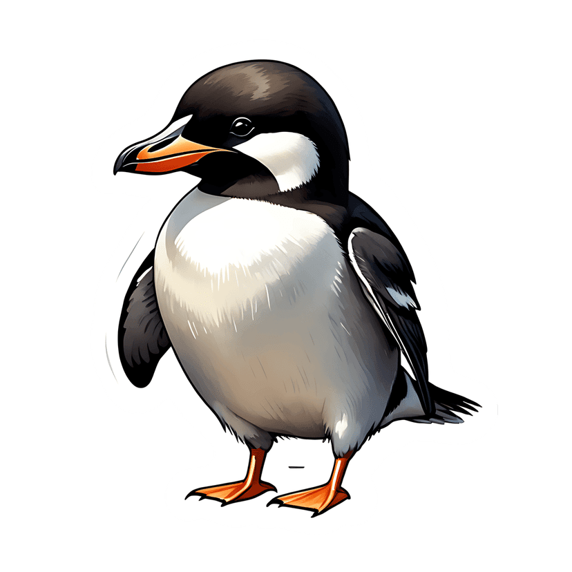 Standing penguin sticker with white outline features black plumage and orange beak in a profile view illustration.