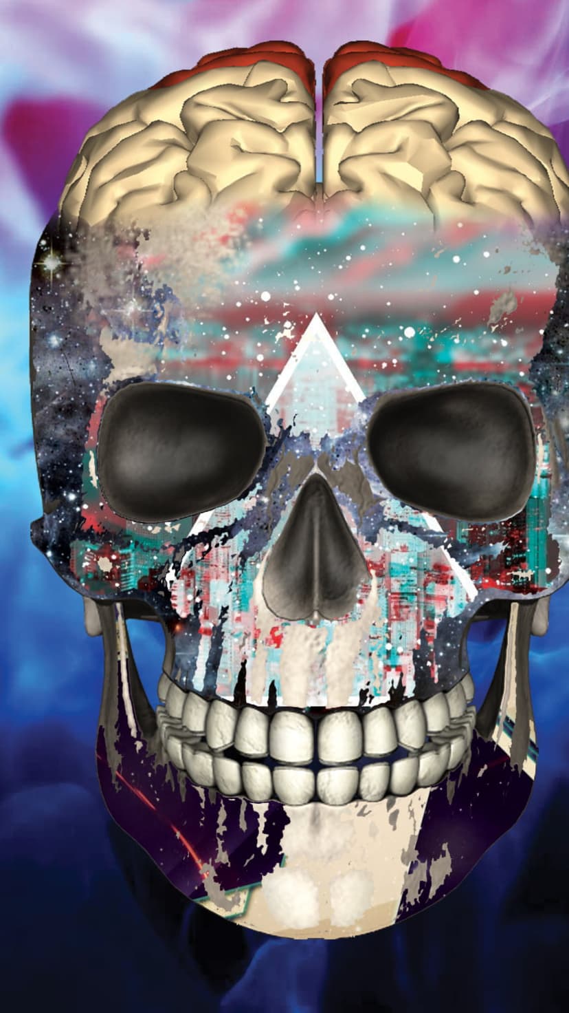 Human skull containing a realistic brain merges with a neon cityscape against a starry teal and red galaxy.