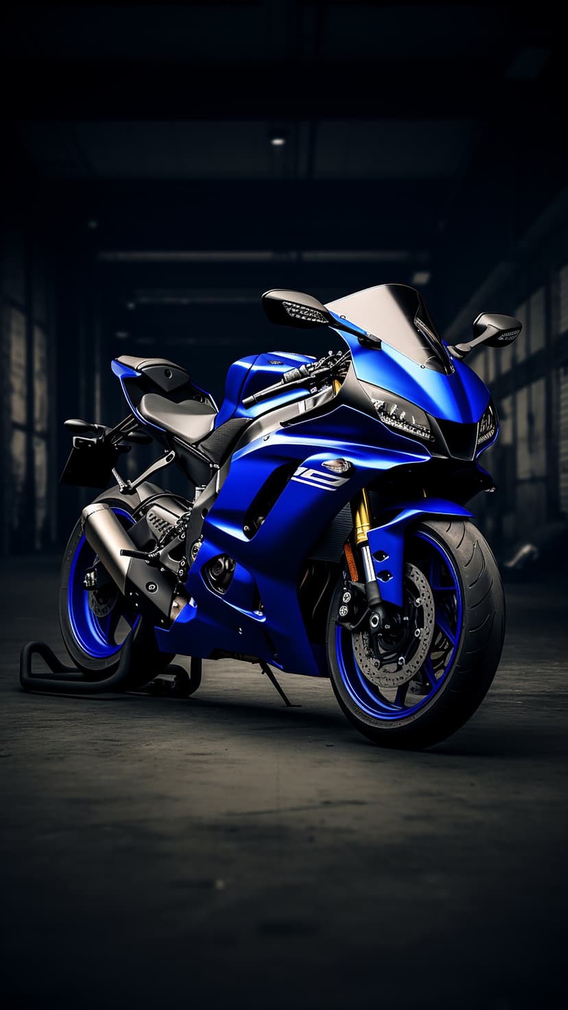 Yamaha R6 sportbike in sapphire blue featuring sharp fairings and LED lamps within a dim concrete environment.