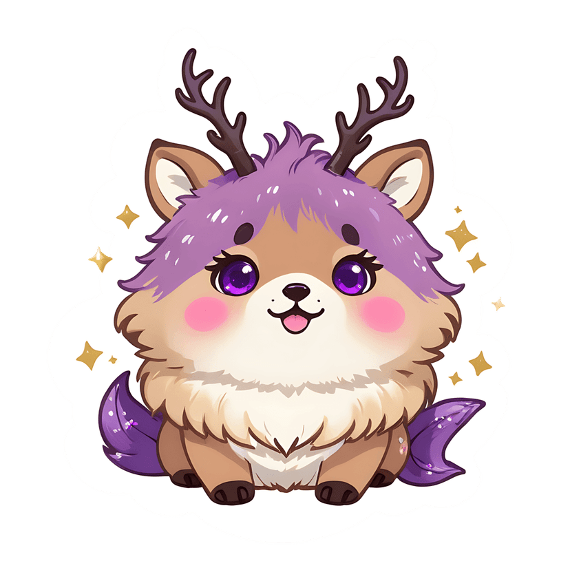 Purple deer chibi sticker with brown fur, violet hair, and golden stars featuring a white die-cut border.