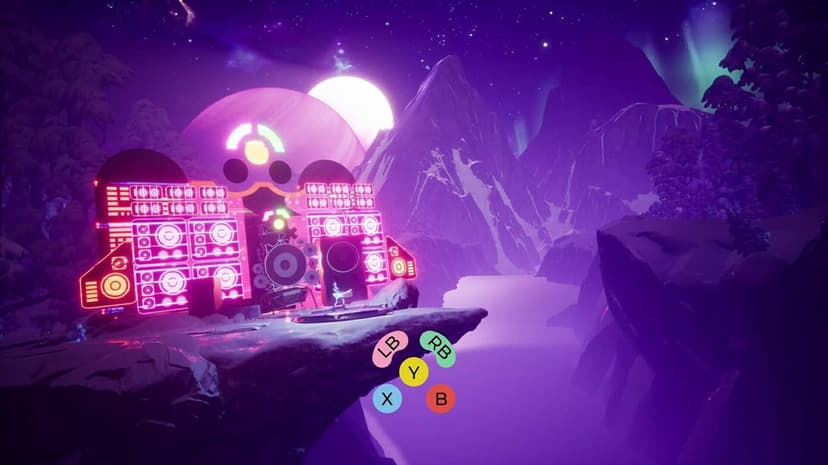 Guitarist on a snowy cliff before giant neon boombox speakers and dual moons in a purple mountain valley.