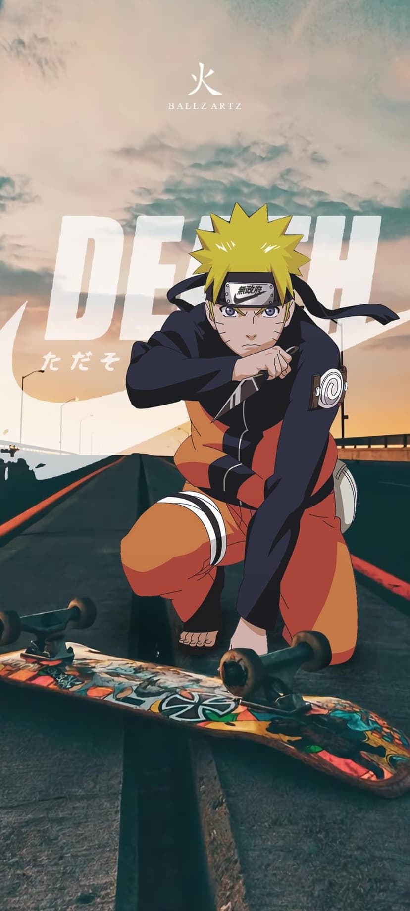 Naruto Uzumaki crouches on a skateboard before a highway sunset with a Nike logo and Japanese fire symbol.
