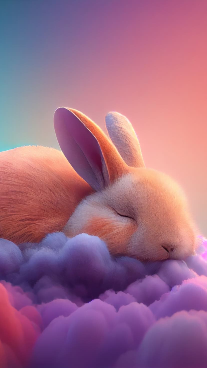 Orange and white bunny curled up on white clouds against a teal and pink gradient background in soft light.