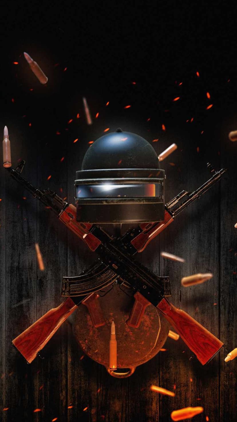 Level 3 helmet centered behind two crossed AKM rifles with glowing orange sparks and flying bullet casings.