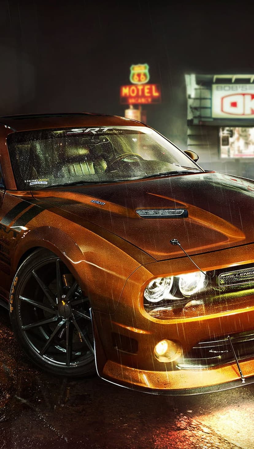 Burnt orange Dodge Challenger SRT parked on a rain-slicked road at night near glowing retro motel neon signs.