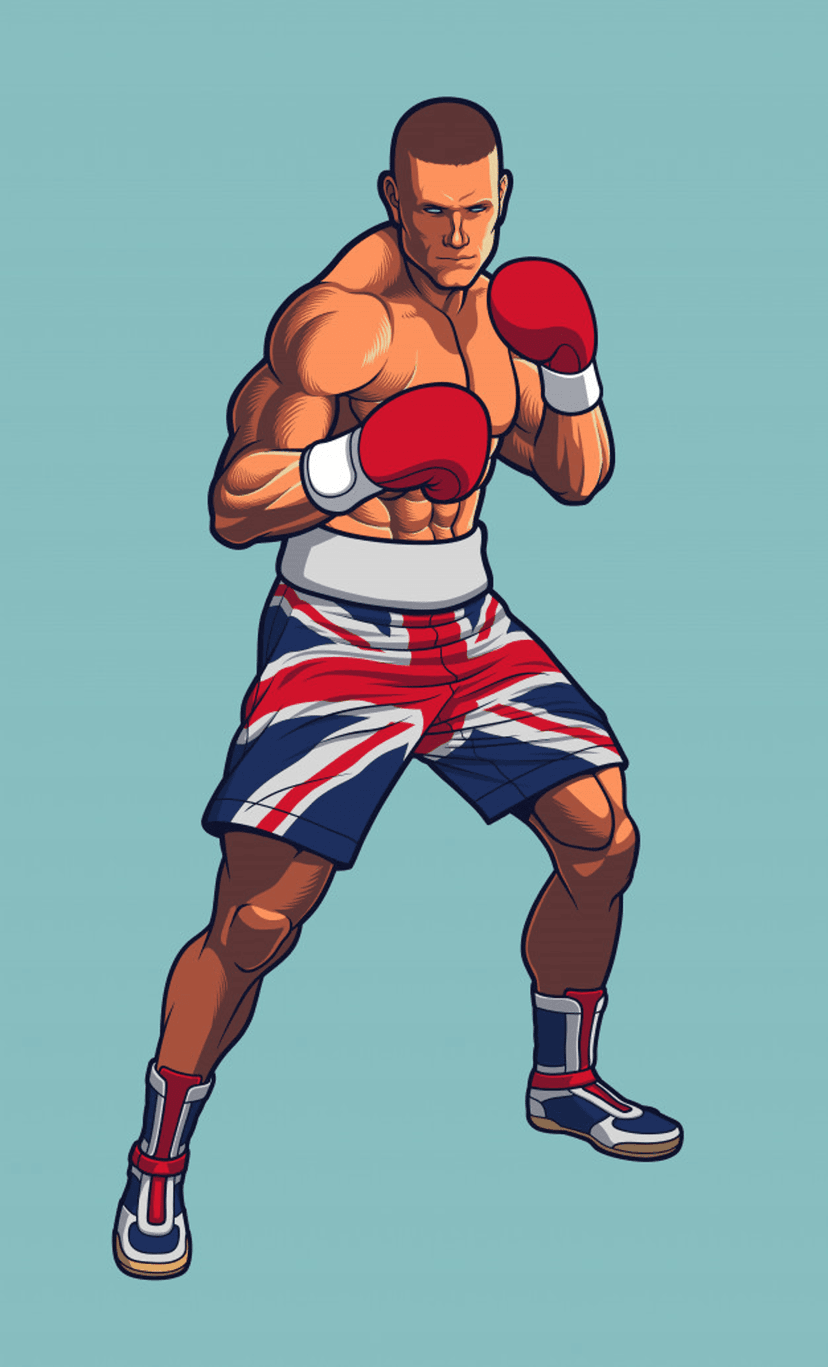 Muscular boxer wearing Union Jack shorts and red gloves poses against a light blue background in a fighting stance.