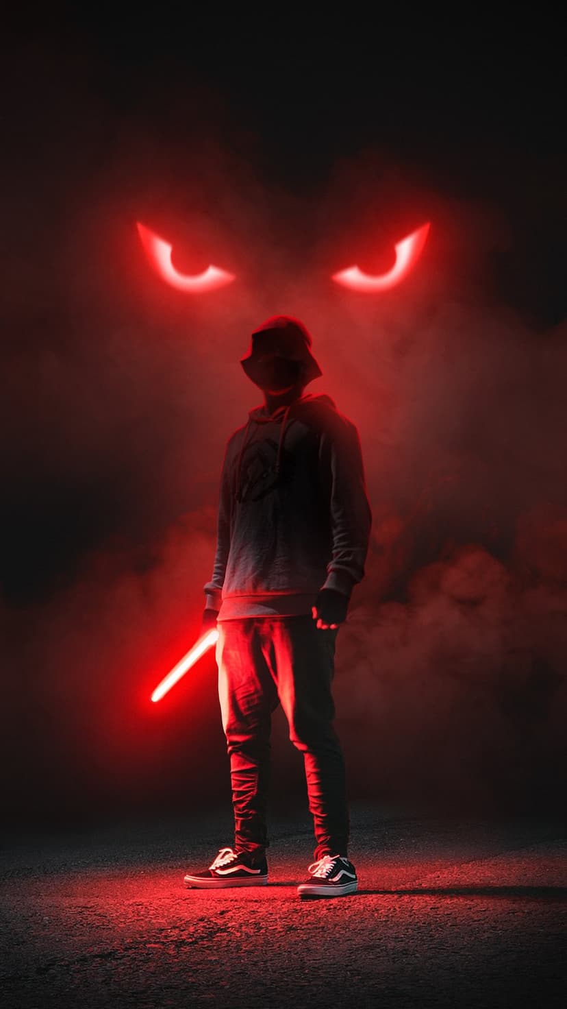Hooded person holding a red energy sword while glowing scarlet eyes loom in the dark smoky background behind them.