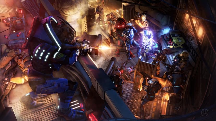 Krogan soldier in blue armor aims a sniper rifle during a chaotic sci-fi battle with glowing biotic effects.