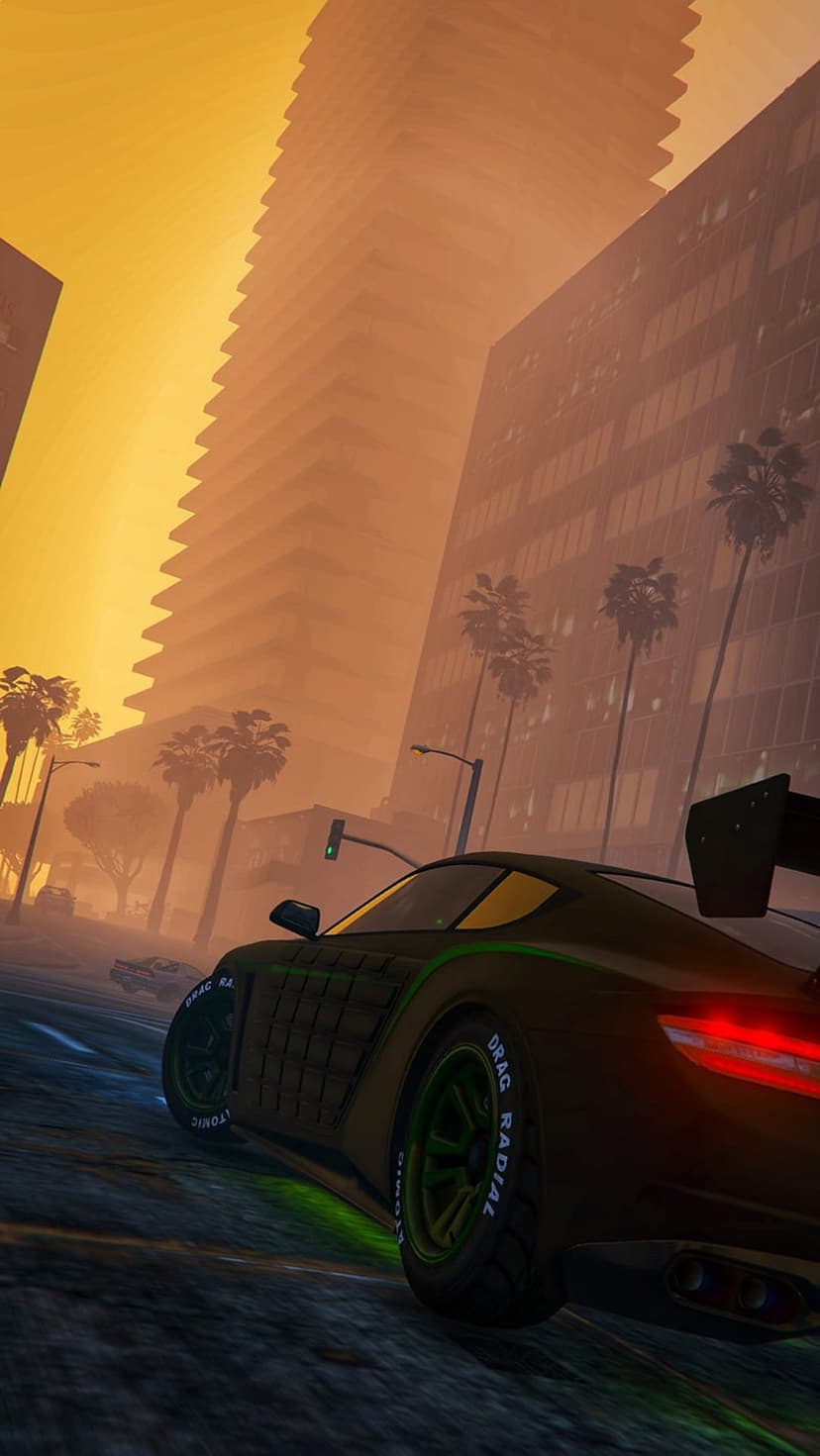 Dark sportscar with neon green underglow racing past skyscrapers and palm trees under an orange sunset fog.