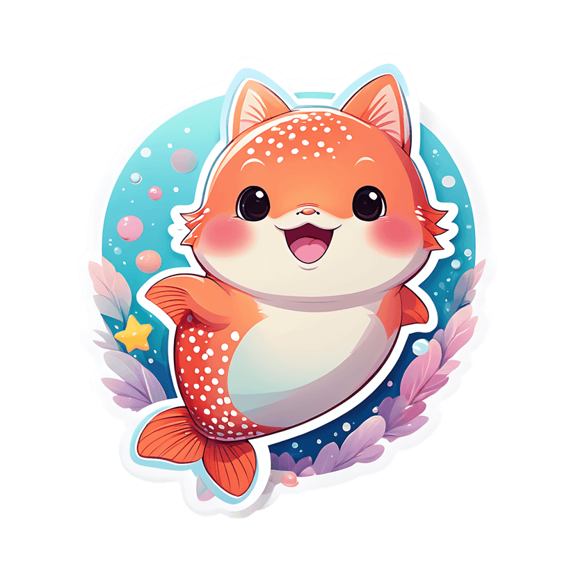 Orange marine creature sticker with white spots inside a circular blue frame with starfish and purple plants.