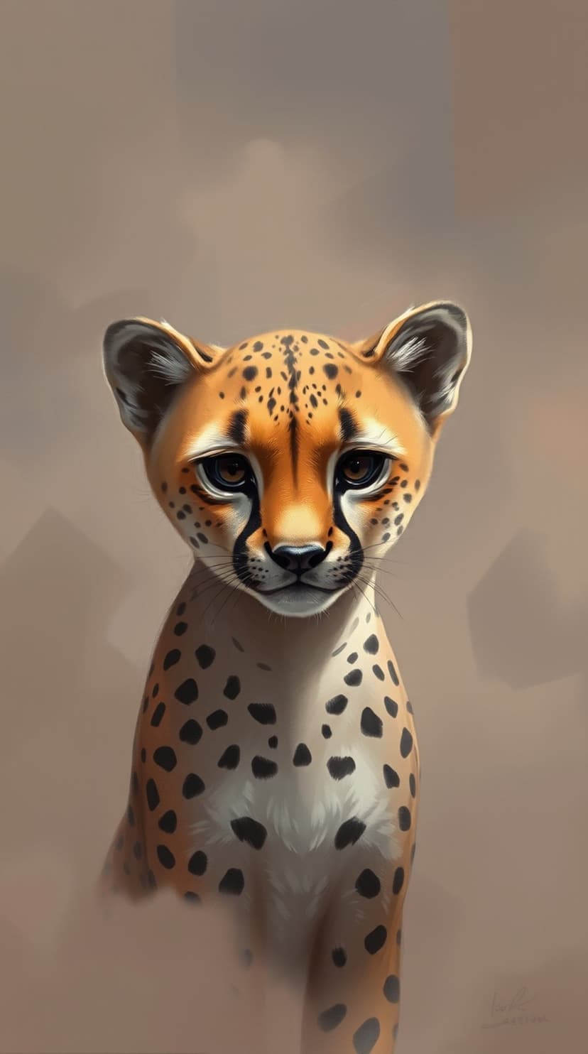 Cheetah cub with sad brown eyes and black tear marks against a blurred desert background in a portrait view.