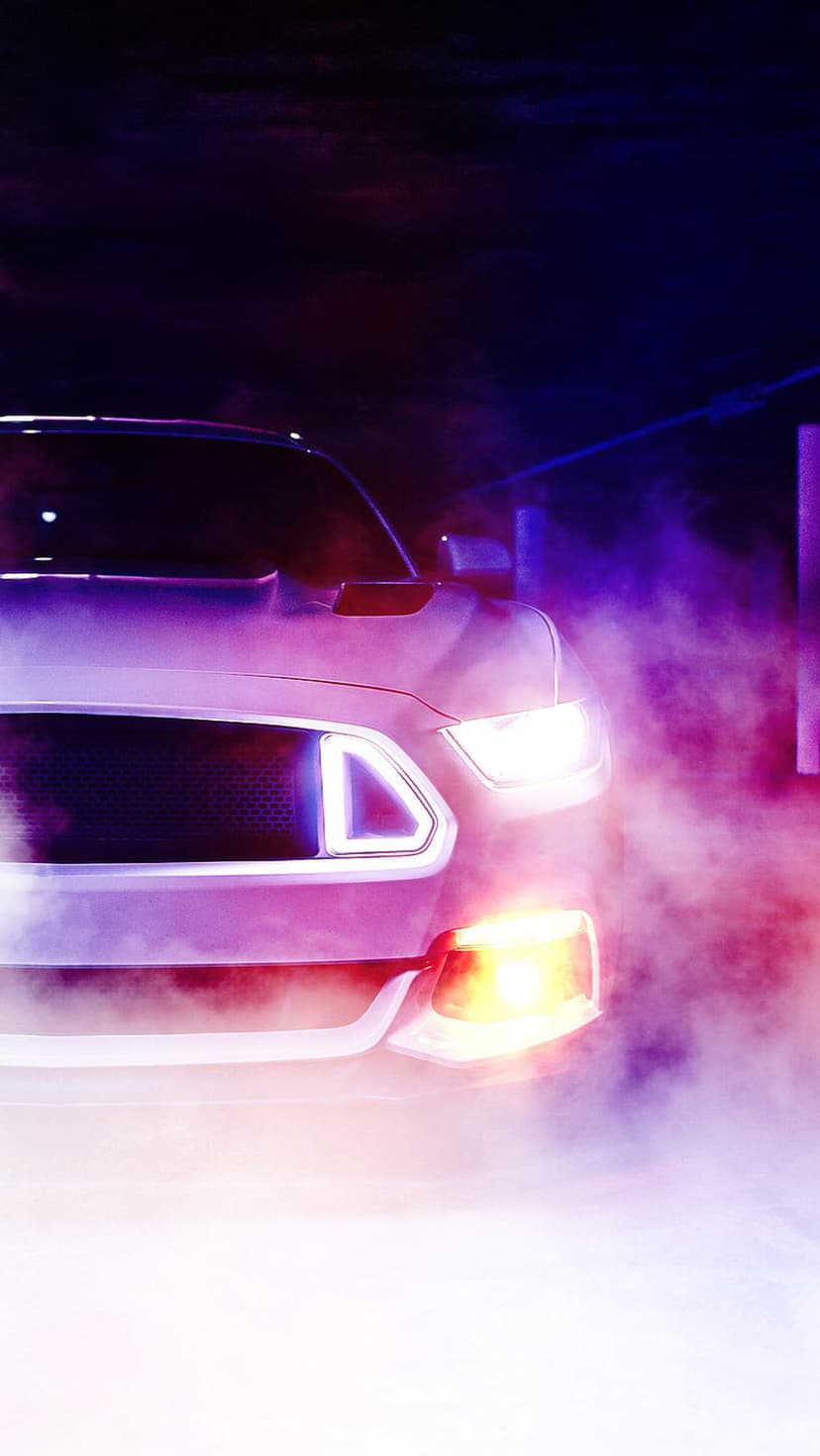 White Ford Mustang front end with glowing headlights surrounded by swirling pink and blue neon smoke clouds.