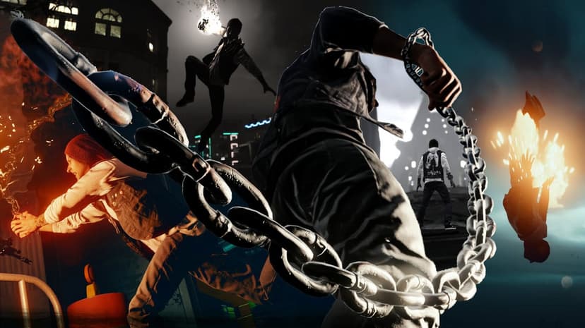 Delsin Rowe swings a heavy metal chain amidst glowing orange smoke and fire in a dark urban rainy setting.