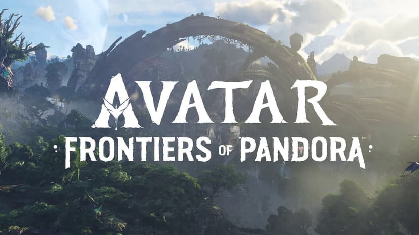 Avatar Frontiers of Pandora logo over a lush jungle landscape with a massive stone arch and floating mountains.
