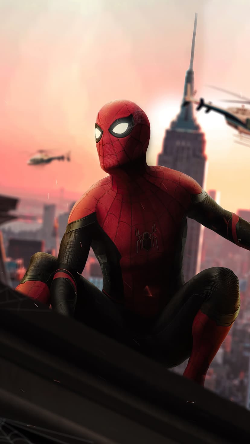 Spider-Man in a red and black suit crouches on a rooftop overlooking a hazy sunset city with helicopters.