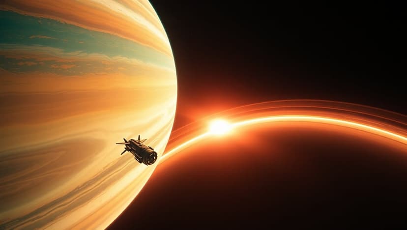 Dark spaceship silhouetted against the swirling orange and teal atmospheric bands of a glowing gas giant planet.