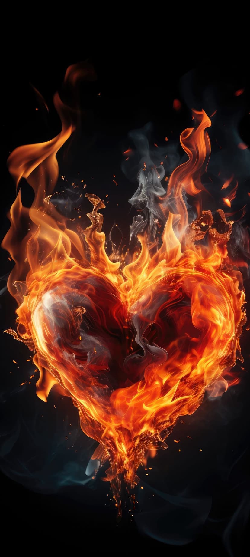 Glowing heart made of realistic orange and red flames against a black backdrop for a high-contrast visual effect.
