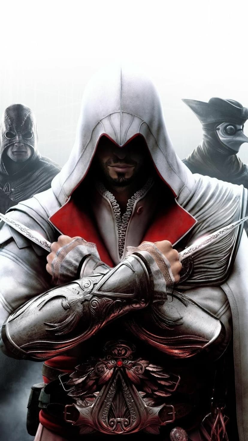 Ezio Auditore in white robes with hidden blades extended against a white background with masked companions.