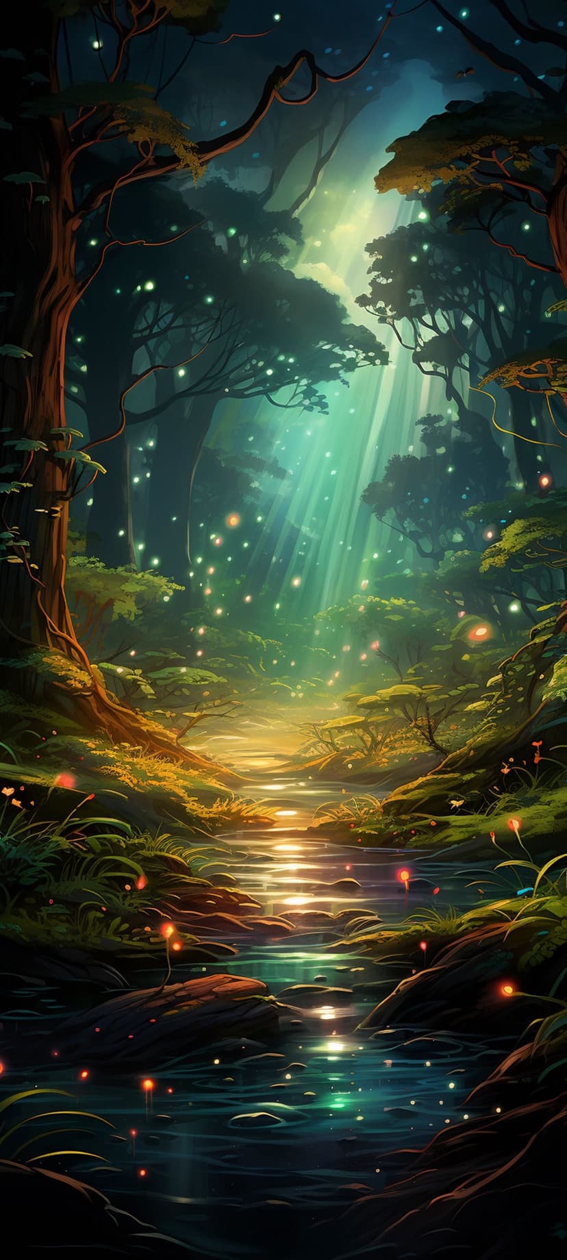Golden sunbeams illuminate a winding forest stream surrounded by glowing fireflies and lush mossy trees.