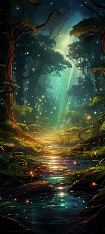 Enchanted Forest Stream with Fireflies and Sunbeams