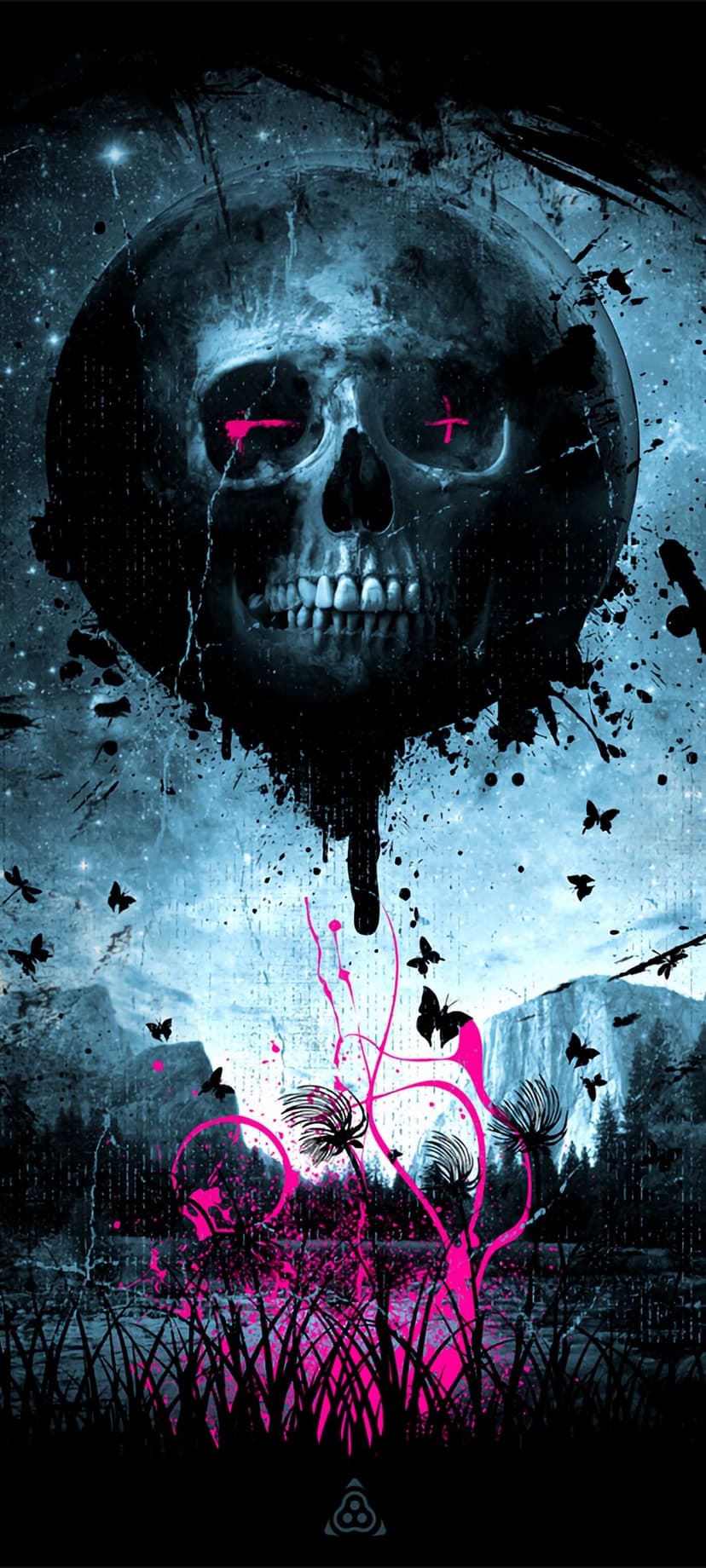 Weathered skull with glowing pink eyes above neon flowers, butterflies, and distant misty mountain silhouettes.
