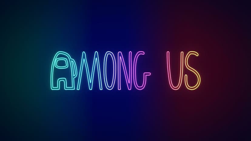 Neon Among Us logo with a cyan crewmate outline and rainbow gradient glow on a dark backdrop.
