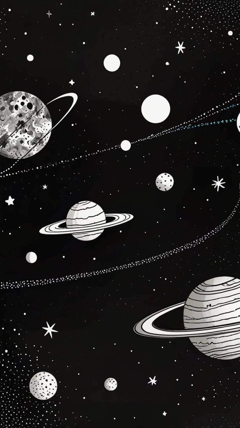 Cratered moons and ringed planets float within a dense field of stars in a black and white celestial landscape.