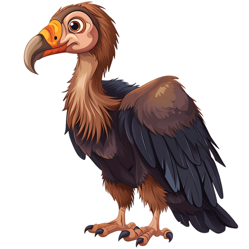 Vulture bird cartoon character standing in profile featuring brown feathers, orange beak, and sharp grey talons.