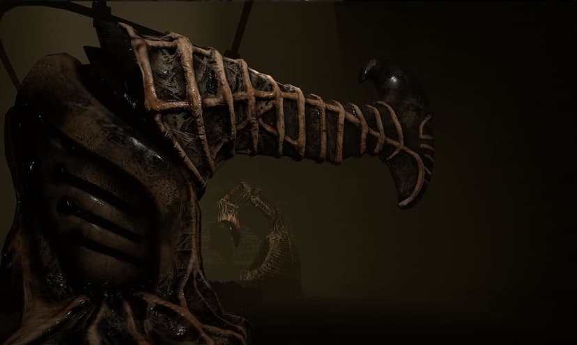 Curved biomechanical structure with a fleshy rib-like texture in a dark, atmospheric environment.
